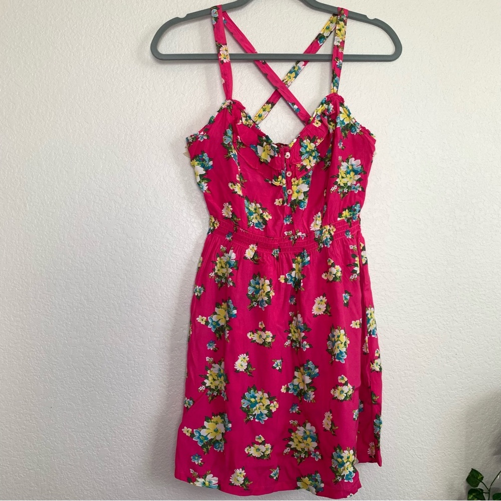 Hollister pink blue ruffle mini sundress button strappy flowy sz small